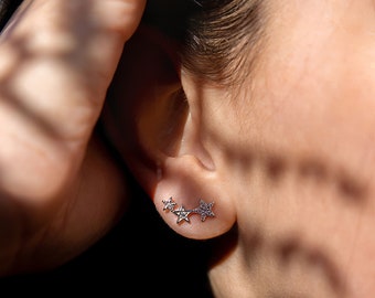 Sterling Silver Triple Twinkling Star Climber Earrings