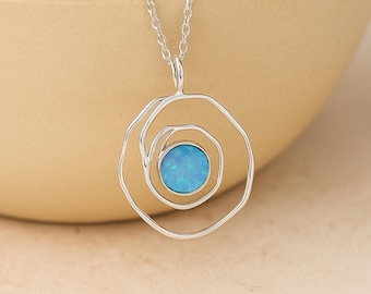 Personalised Molten Sterling Silver Blue Opal Spiral Necklace