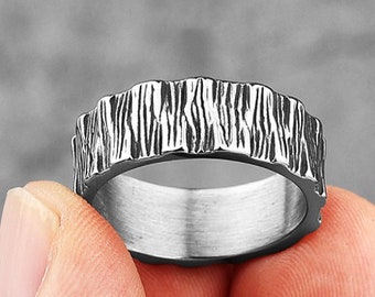 Personalised Stainless Steel Gunmetal Silver Viking Tree Bark Ring