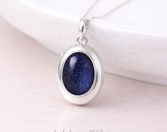Personalised Sterling Silver Night Sky Goldstone Gemstone Photo Locket Necklace