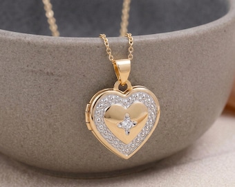 Collar con medallón personalizado en forma de corazón para foto, en oro macizo de 9 quilates con diamante.