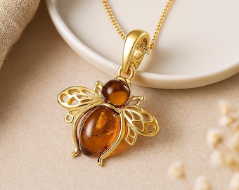 Amber Bee Pendant • Baltic Amber & 24ct Gold Plated Silver • Nature Charm Necklace • Personalsied Bee Totem Jewellery • Symbolic Animal Gift