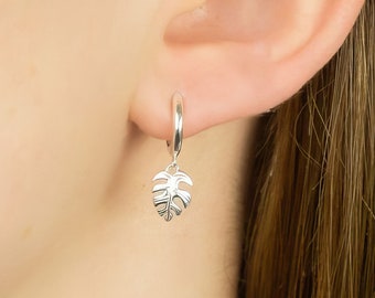 Sterling Silver Palm Leaf Huggie Hoop Earrings