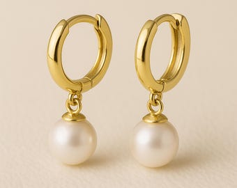 Gold Plated Sterling Silver Pearl Huggie Hoop Earrings