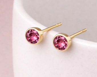 Gold Plated Sterling Silver October Pink Tourmaline Birthstone Stud Earrings – 7mm