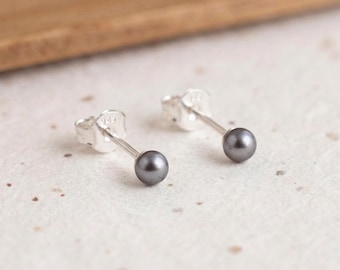 Personalised Tiny Grey Freshwater Pearl Stud Earrings In Sterling Silver