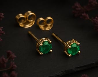 Solid 9ct Yellow Gold Emerald Stud Earrings