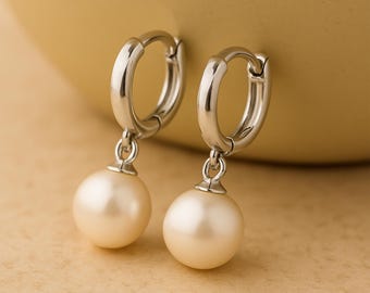 Sterling Silver Round Pearl Huggie Hoop Earrings