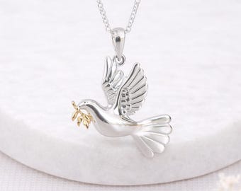 Sterling Silver Dove Pendant: Gold Olive Branch, Peace Charm
