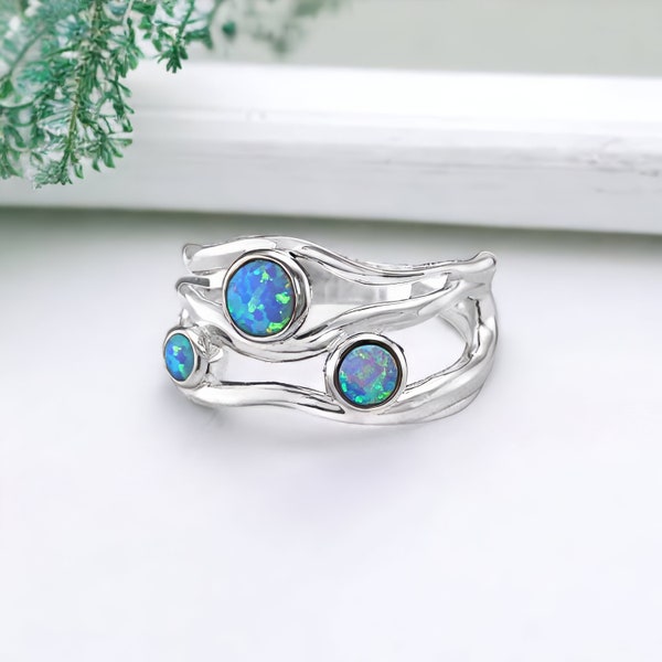 Blue Opal Trio Ring in Sterling Silver