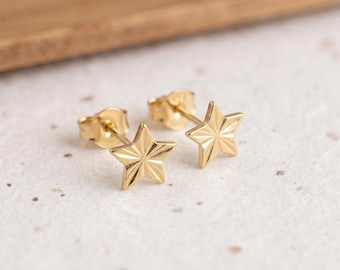 Personalised Sunburst Textured Star Stud Earrings In Gold Plated Sterling Silver