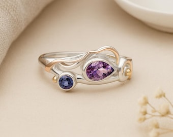 Molten Amethyst & Iolite Ring • Organic Sterling Silver Ring with 14kt Gold • Teardrop Gemstone Ring • Handmade Gift for Her •