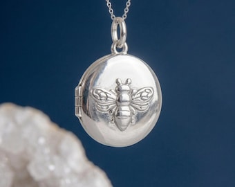 Personalised Round Bee Photo Locket Necklace in Sterling Silver