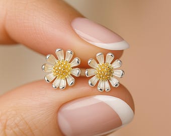 Sterling Silver Golden Daisy Stud Earrings