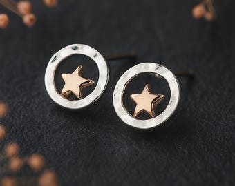 Silver And Rose Gold Halo Star Stud Earrings