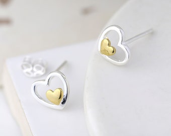 Sterling Silver Double Heart Stud Earrings