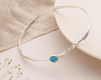 Molten Silver Opal Bangle • Blue Opal & 14kt Gold Wire Bracelet • Organic Sculpted Bangle • October Birthstone Gift for Her •