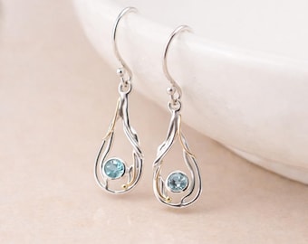 Molten Sterling Silver and Gold Blue Topaz Drop Earrings