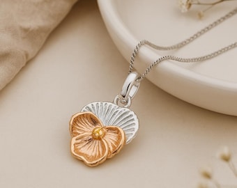 Violet Pendant • February Birth Flower Necklace in Sterling Silver & Rose Gold • Personalised Disc Option • Floral Gift for Her