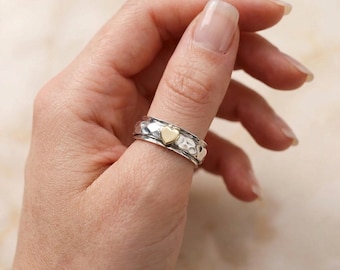 Personalised Hammered Spinner Ring In Sterling Silver with Golden Heart
