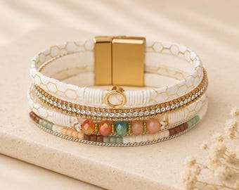 White And Gold Mix Multistrand Leather Cuff Bracelet