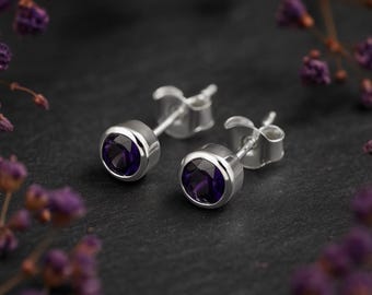 Sterling Silver February Amethyst Birthstone Stud Earrings