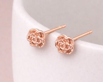 Rose Gold Plated Sterling Silver Blooming Rose Flower Stud Earrings – 7mm