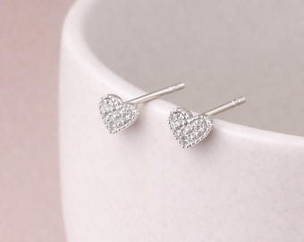 Sterling Silver Sparkling Heart Stud Earrings – 5mm