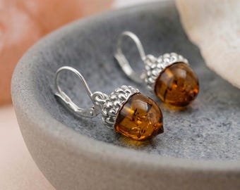 Baltic Amber Acorn Leverback Drop Earrings in Sterling Silver