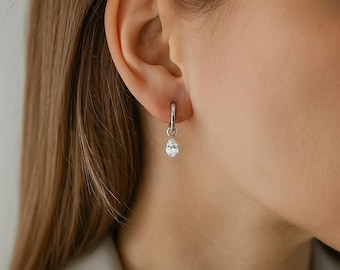 Cubic Zirconia Hoop Earrings • Sterling Silver Hinged Huggie Hoops • 18mm Drop Earrings • Teardrop Jewellery Gift for Her •