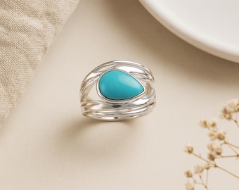 Teardrop Turquoise Ring • Organic Molten Sterling Silver Ring • American Turquoise Statement Ring • Handmade Gift for Her •