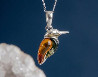 Personalised Baltic Amber Kingfisher Pendant Necklace in Sterling Silver