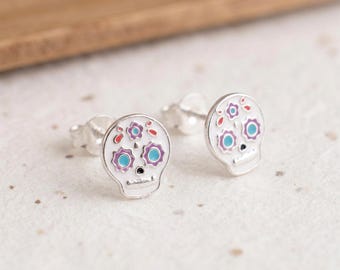 Personalised Sugar Skull Stud Earrings in Sterling Silver