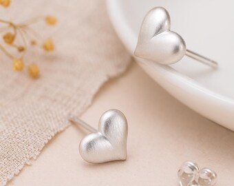 Sterling Silver Brushed Heart Stud Earrings