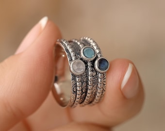 Personalised Sterling Silver Labradorite and Moonstone Spinner Ring