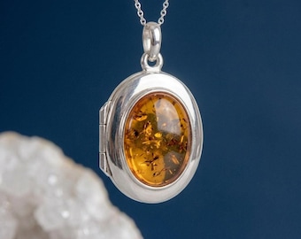 Personalised Baltic Amber Photo Locket Necklace In Sterling Silver