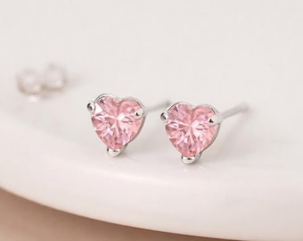 Sterling Silver Pink Heart Cz Stud Earrings – 7mm