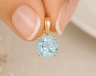 Personalised 9ct Yellow Gold Aquamarine Pendant Necklace: March Birthstone Gift, 5mm