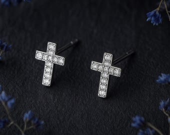 Sterling Silver Cubic Zirconia Cross Stud Earrings