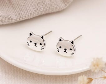 Cat Face Stud Earrings • Sterling Silver Kitten Studs • Cute Gift for Her • Animal Earrings • Everyday Jewellery •