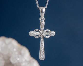 Personalised Infinity Cross Pendant Necklace in Sterling Silver with Cubic Zirconia