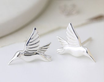 Hummingbird Stud Earrings in Sterling Silver, Bird Stud Earrings, Hummingbird Earrings