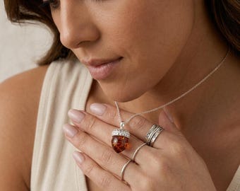 Personalised Sterling Silver Baltic Amber Acorn Pendant Necklace