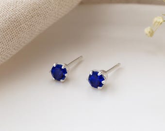Sapphire CZ Micro Stud Earrings • Sterling Silver September Birthstone • 3mm Minimal Studs • Blue Gift for Her • Dainty Earrings •