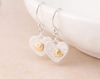 Silver and Gold Plated Double Heart Drop Earrings – 10mm