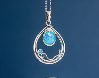 Large Sterling Silver Halo Teardrop Blue Opal Necklace