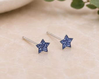 Sterling Silver Blue Crystal Star Stud Earrings