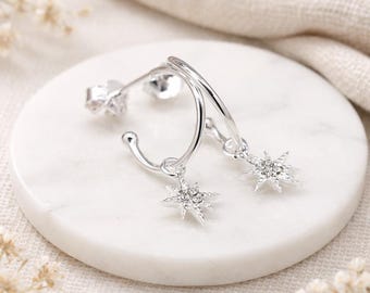 Sterling Silver Star Charm Half Hoop Stud Earrings – 12mm