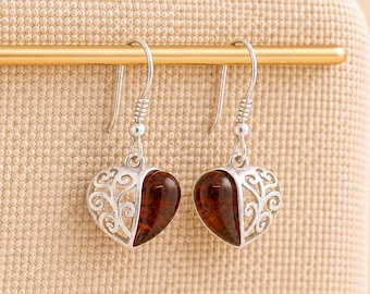 Sterling Silver Baltic Amber Filigree Heart Drop Earrings