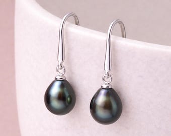 Sterling Silver Black Freshwater Pearl Drop Earrings – 8mm